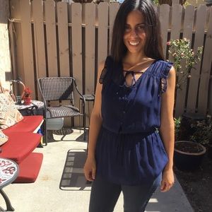 Navy blue ruffle buttoned down blouse